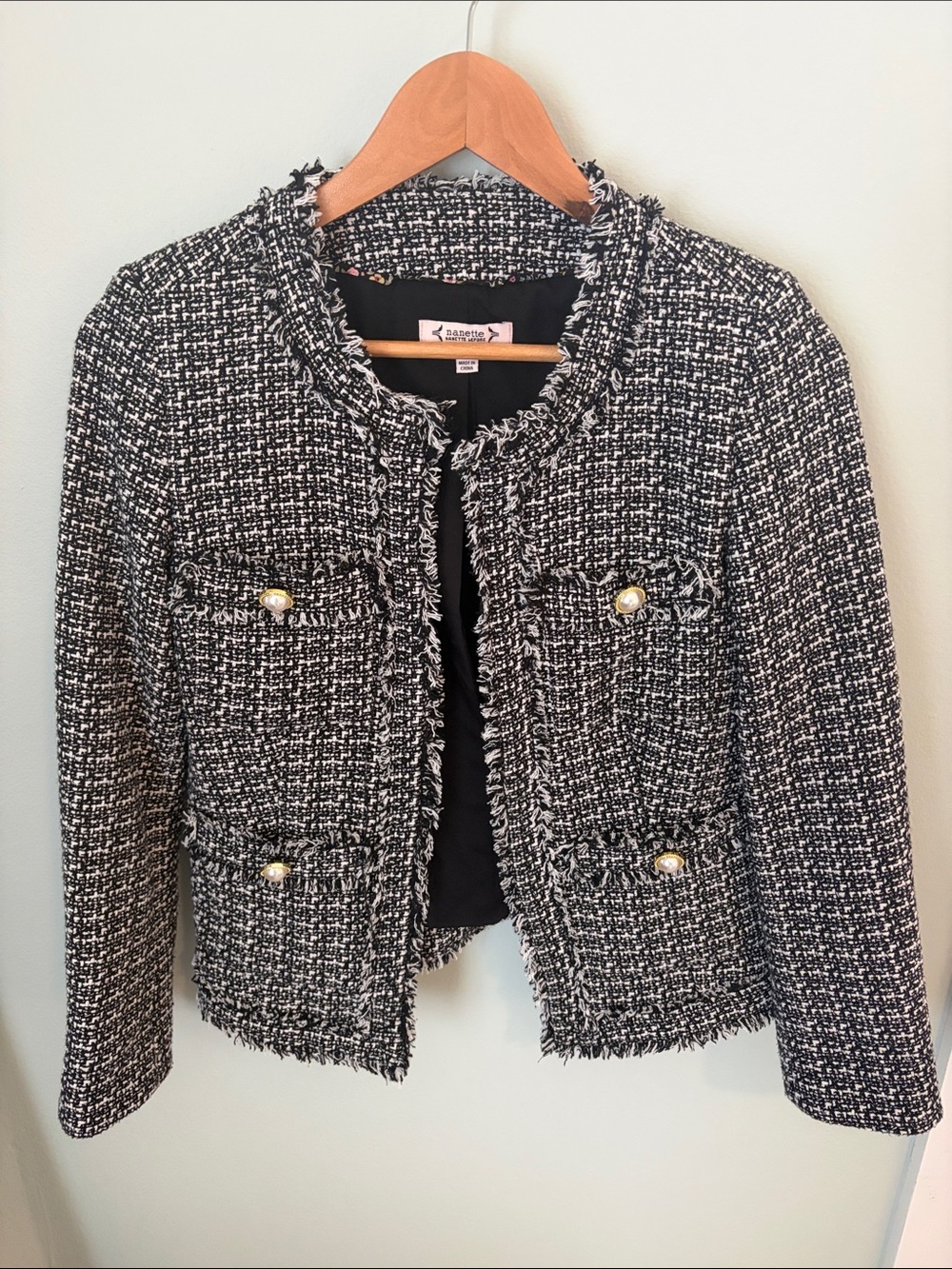 Nanette Lepore Black and White Tweed Fringe Jacket with Gold Buttons